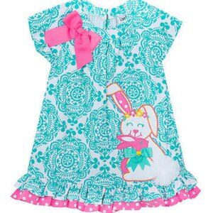 Counting Daisies Turquoise & White Paisley Easter Bunny Dress w/ Pink Ruffles!